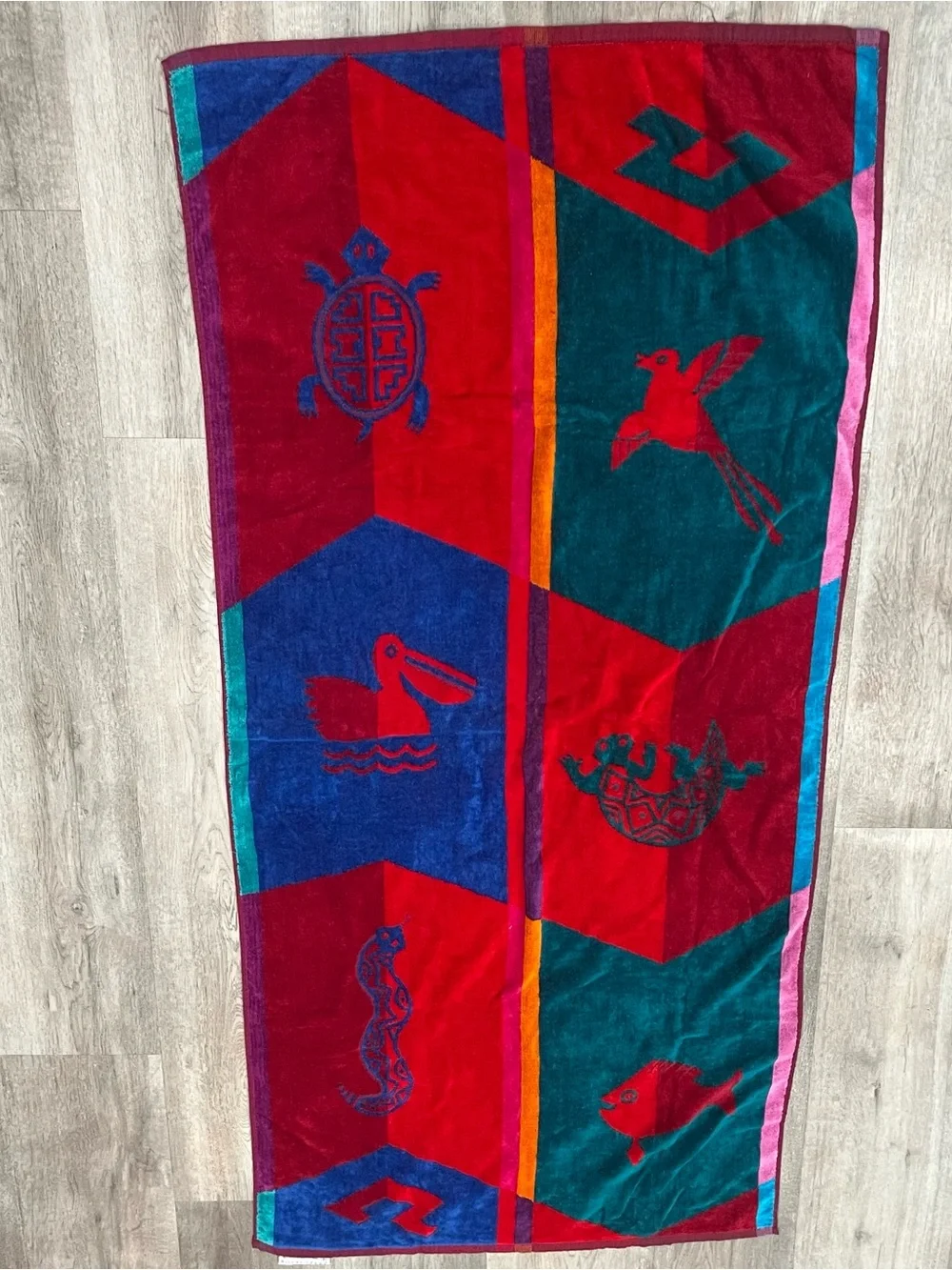 VTG Royal Terry Red Beach Towel Gecko Turtle Aztec Cotton 58x16